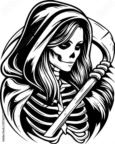 SVG of a cyber reaper with a skull motif, designed for edgy tattoo art. Mysterious Skeleton Woman with Scythe in Artistic Style