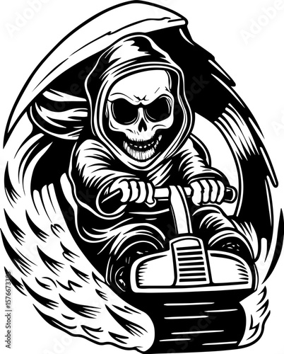 SVG of a cyber reaper with a skull motif, designed for edgy tattoo art. Grim Reaper on Scooter with Winged Motion Design in Black and White