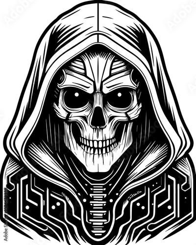 SVG of a cyber reaper with a skull motif, designed for edgy tattoo art. Detailed Illustration of a Futuristic Skull in a Hooded Cloak