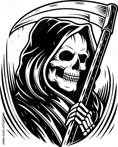 SVG of a cyber reaper with a skull motif, designed for edgy tattoo art. Grim Reaper Iconic Illustration with Scythe and Hooded Cloak Design