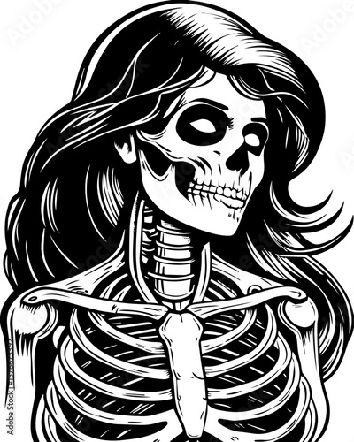 SVG of a cyber reaper with a skull motif, designed for edgy tattoo art. Skeleton Woman Portrait with Long Hair in Vintage Illustration Style