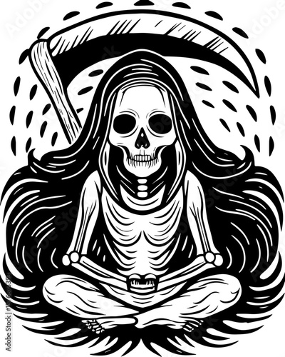 SVG of a cyber reaper with a skull motif, designed for edgy tattoo art. Grim Reaper with Long Hair Sitting in Meditative Pose Illustration