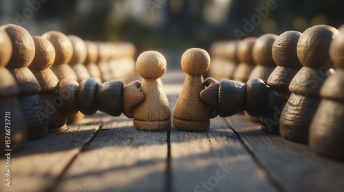 Chess pawns facing each other concept of strategy game and competition on wooden board closeup shot silhouette