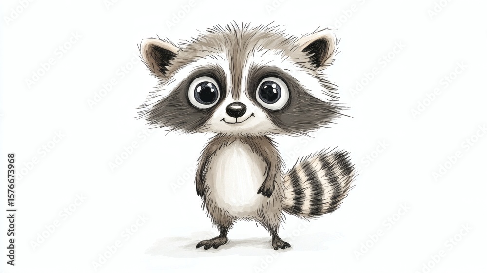 Fototapeta premium A Cute Illustrated Raccoon with Big Eyes and Striped Tail