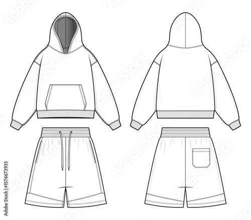 Hoodie and Shorts Two-Piece Set Technical Fashion Flat. Women’s Loungewear Vector Template. Front and Back View. Relaxed Fit. Kangaroo Pocket Hoodie. Casual Shorts with Back Patch Pocket. CAD Mockup.