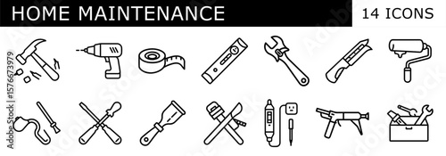 A collection of 14 outline icons for Home Maintenance, featuring tools like hammers, drills, wrenches, and paint rollers. Ideal for DIY guides, planners, and service branding.