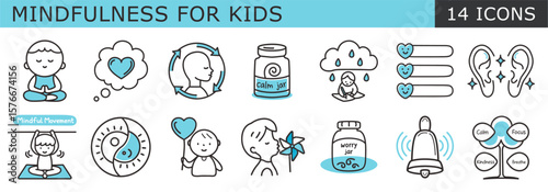 A set of 14 outline icons for Mindfulness for Kids, showing meditation, emotional awareness, and sensory focus. Ideal for activity books, classroom visuals, and parenting guides