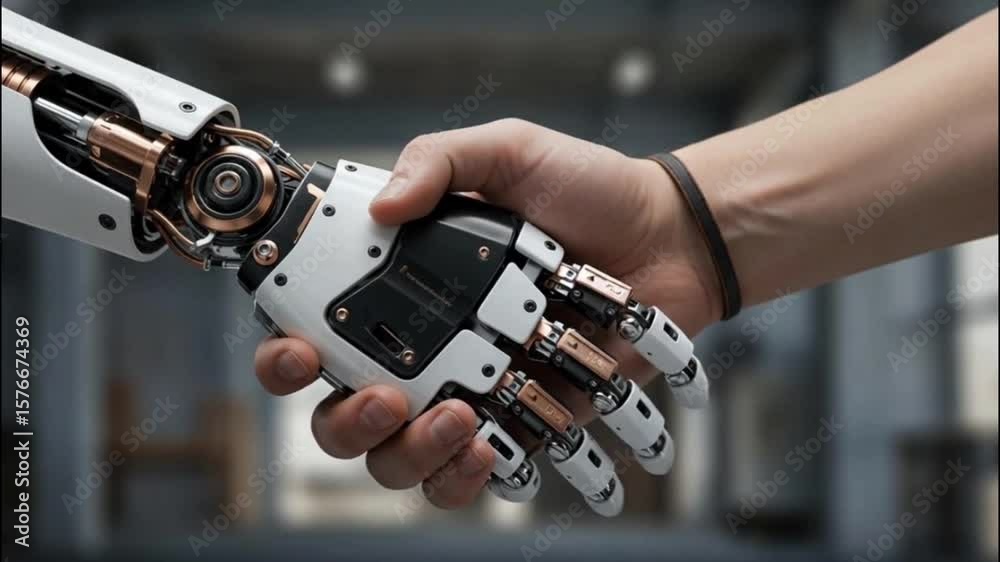 mão robótica e mão humana em primeiro plano