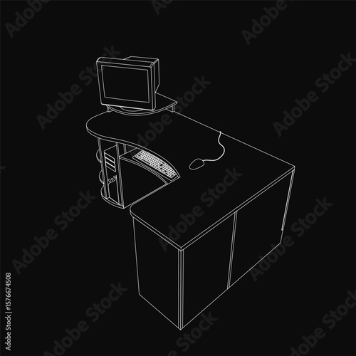 A retro computer desk with a monitor, keyboard, and mouse in black and white line art. The white outline contrasts sharply against the dark background. The minimalist design highlights essential.