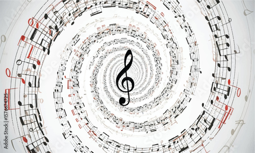 Treble clef with music notes swirling on white background