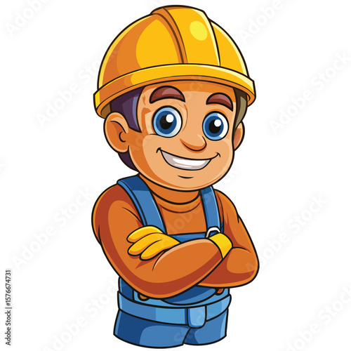 Cartoon worker in a yellow hard hat and orange overalls