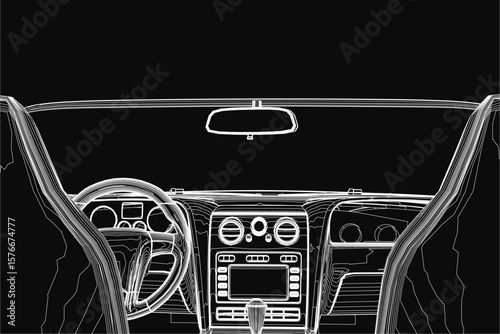 A black and white contour drawing of a car interior featuring a steering wheel, speedometer, and dashboard details. The dark background enhances the sleek, modern aesthetic.