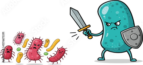 Cartoon illustration of a strong bacterium defending against other germs with a sword and shield.