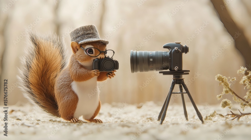 Fototapeta premium A squirrel wearing glasses photographs a large camera with a tripod