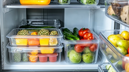 Wallpaper Mural Organized refrigerator interior featuring labeled containers and fresh ingredients neatly arranged on clean shelves, symbolizing smart food storage, meal planning,modern kitchen hygiene safety concept Torontodigital.ca