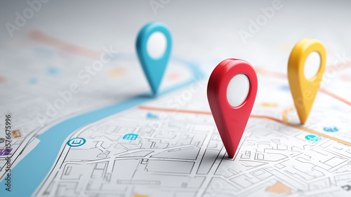 Colorful location pins marking destinations on city map depicting modern navigation and planning.
