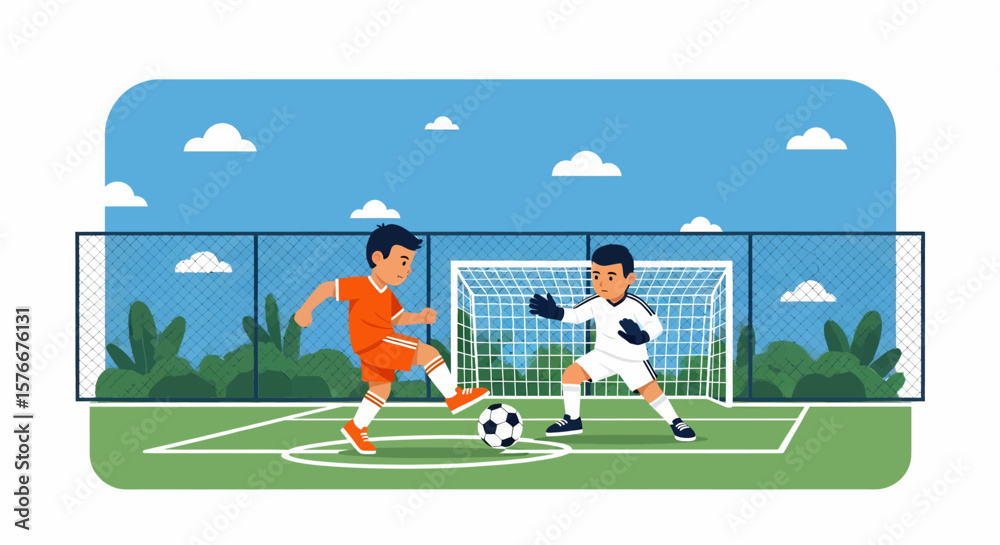 Fototapeta premium Adobe illustrator artwork vector illustration of two kids playing soccer, one dribbling and the other as a goalkeeper, on a sunny day. Perfect for sports, children, and healthy lifestyle themes.