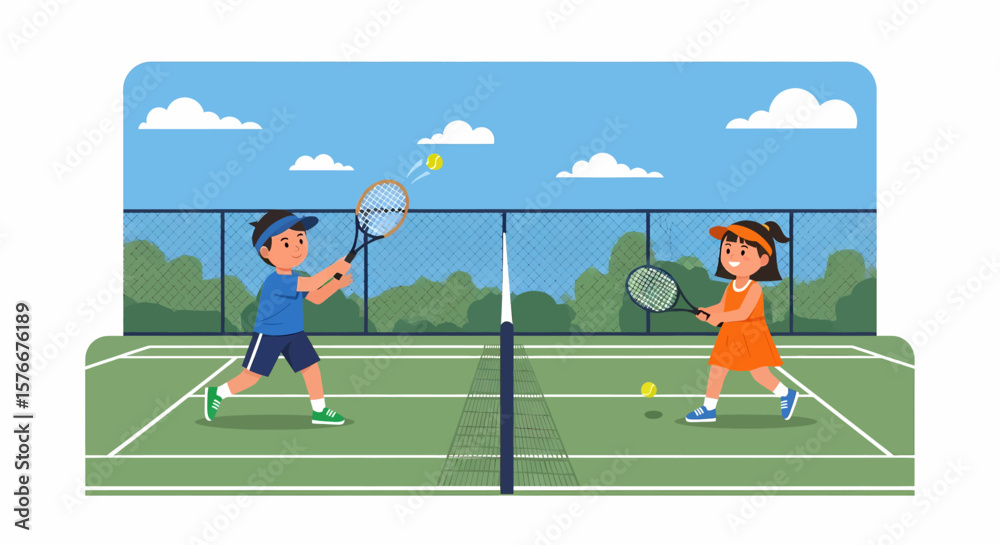 Fototapeta premium Adobe illustrator artwork vector illustration of two kids playing tennis, a boy hitting the ball and a girl ready to return. Ideal for sports, children's activities, and healthy lifestyle themes.