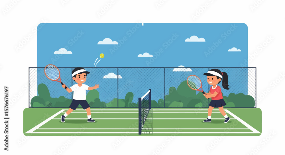 Fototapeta premium Adobe illustrator artwork vector illustration of two kids playing tennis, a boy hitting the ball and a girl ready to return. Ideal for sports, children's activities, and healthy lifestyle themes.