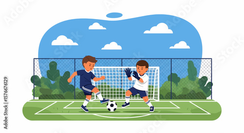 Adobe illustrator artwork vector illustration of two kids playing soccer, one dribbling and the other as a goalkeeper, on a sunny day. Perfect for sports, children, and healthy lifestyle themes.