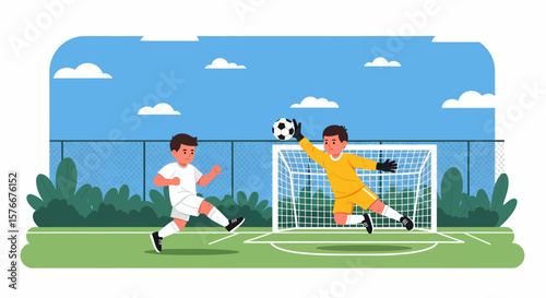 Adobe illustrator artwork vector illustration of two kids playing soccer, one dribbling and the other as a goalkeeper, on a sunny day. Perfect for sports, children, and healthy lifestyle themes.