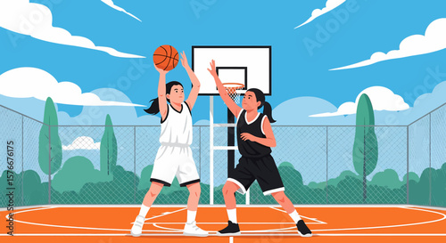 Adobe illustrator artwork vector illustration of two girls playing basketball outdoors, one shooting the ball while the other defends. Ideal for sports, youth activities, and active lifestyle themes.