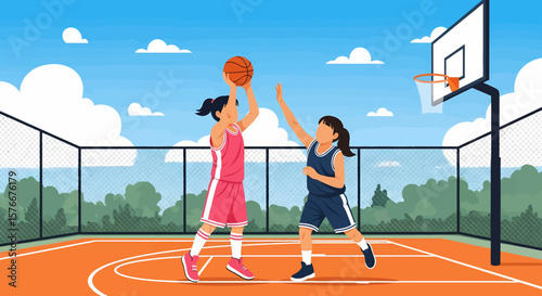 Adobe illustrator artwork vector illustration of two girls playing basketball outdoors, one shooting the ball while the other defends. Ideal for sports, youth activities, and active lifestyle themes.