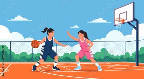 Adobe illustrator artwork vector illustration of two girls playing basketball outdoors, one shooting the ball while the other defends. Ideal for sports, youth activities, and active lifestyle themes.