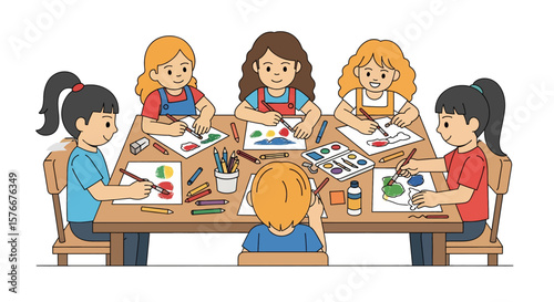Adobe illustrator artwork vector illustration of diverse kids engaged in a creative art class, painting and drawing at a table. Perfect for education, childhood, and creative learning themes.