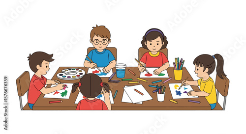 Adobe illustrator artwork vector illustration of diverse kids engaged in a creative art class, painting and drawing at a table. Perfect for education, childhood, and creative learning themes.