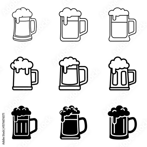 Set of 6 Beer Mug Icon Variations with Foam