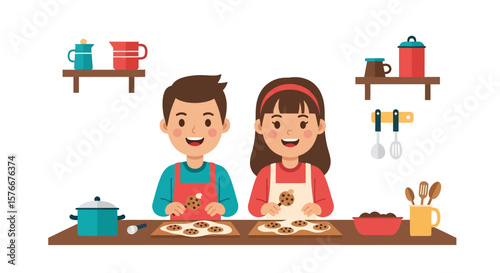 Adobe illustrator artwork vector illustration of two happy kids, a boy and a girl, baking cookies together in a modern kitchen. Ideal for themes of family, cooking, and childhood activities.