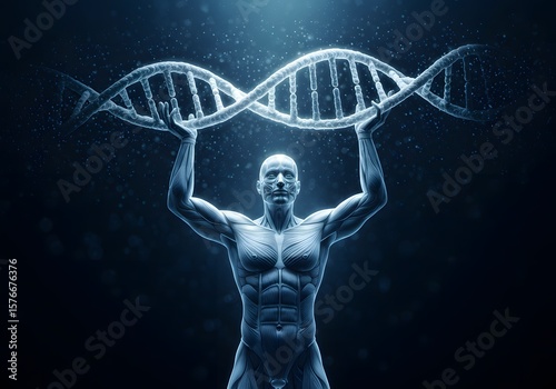 Muscular man holding dna helix represents strength of genetic code