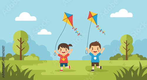 Adobe illustrator artwork vector illustration of two joyful kids, a boy and a girl, flying colorful kites in a green park under a blue sky with fluffy white clouds. Perfect for outdoor fun 