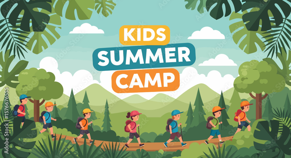 Naklejka premium Adobe illustrator artwork vector illustration of kids hiking through a forest at summer camp, showcasing outdoor adventure and teamwork in a natural setting.