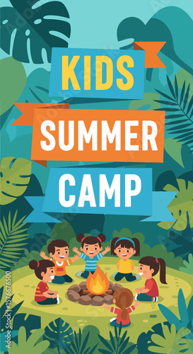 Adobe illustrator artwork vector illustration of kids gathered around a campfire at a summer camp, perfect for themes of friendship, nature, and outdoor adventures.