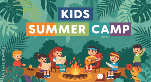 Adobe illustrator artwork vector illustration of kids gathered around a campfire at a summer camp, perfect for themes of friendship, nature, and outdoor adventures.