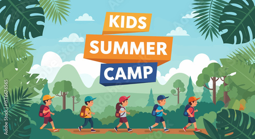 Adobe illustrator artwork vector illustration of kids hiking through a forest at summer camp, showcasing outdoor adventure and teamwork in a natural setting