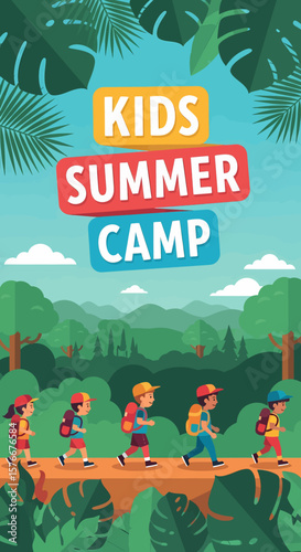 Adobe illustrator artwork vector illustration of kids hiking through a forest at summer camp, showcasing outdoor adventure and teamwork in a natural setting