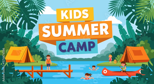 Adobe illustrator artwork vector illustration of kids enjoying various activities at a summer camp by the lake, featuring swimming, canoeing, and tents.
