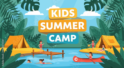 Adobe illustrator artwork vector illustration of kids enjoying various activities at a summer camp by the lake, featuring swimming, canoeing, and tents.