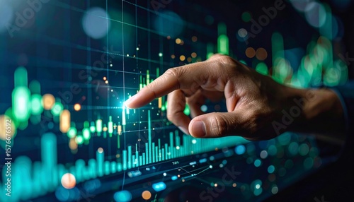 Businessman hand pointing finger to growth success finance business chart of metaverse technology financial graph investment diagram on analysis stock market background with digital economy exchange.