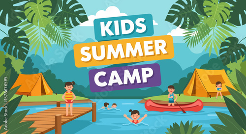 Adobe illustrator artwork vector illustration of kids enjoying various activities at a summer camp by the lake, featuring swimming, canoeing, and tents.