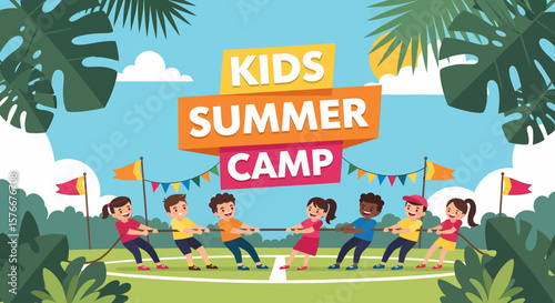 Adobe illustrator artwork vector illustration of a lively kids summer camp tug-of-war game, emphasizing fun outbound activities and teamwork under the sunny sky.