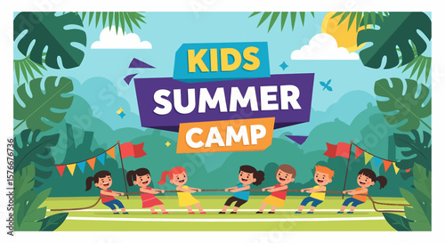 Adobe illustrator artwork vector illustration of a lively kids summer camp tug-of-war game, emphasizing fun outbound activities and teamwork under the sunny sky.