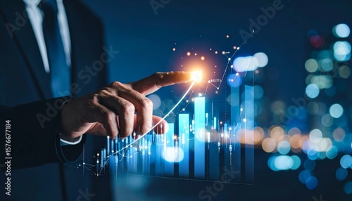 Businessman hand pointing finger to growth success finance business chart of metaverse technology financial graph investment diagram on analysis stock market background with digital economy exchange.