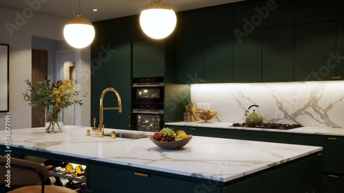 Modern Green Kitchen Interior – 3D Render with Marble Island and Warm Ambient Lighting