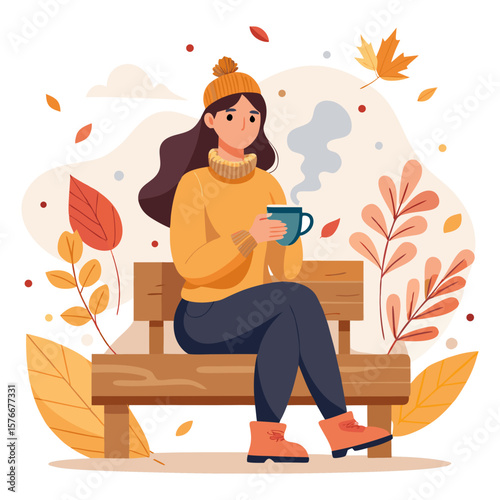 A cozy woman in a yellow sweater and beanie sits on a bench, enjoying a steaming mug amidst falling autumn leaves and warm tones.