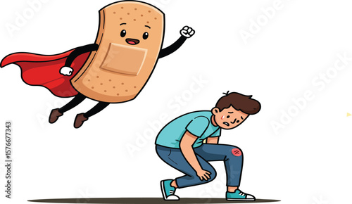 A cartoon bandage superhero flies towards a boy with a scraped knee, ready to heal his injury.