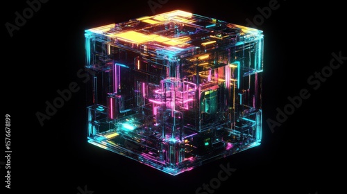 Luminous cube of neon geometry floats against a void of black